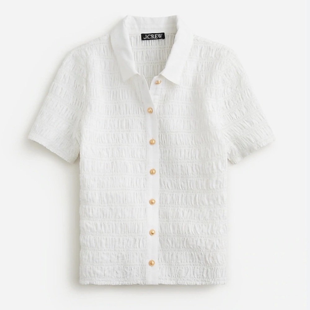 J. Crew Top Smocked button-up shirt in cotton-blend voile / white / Sz. L - Picture 4 of 12
